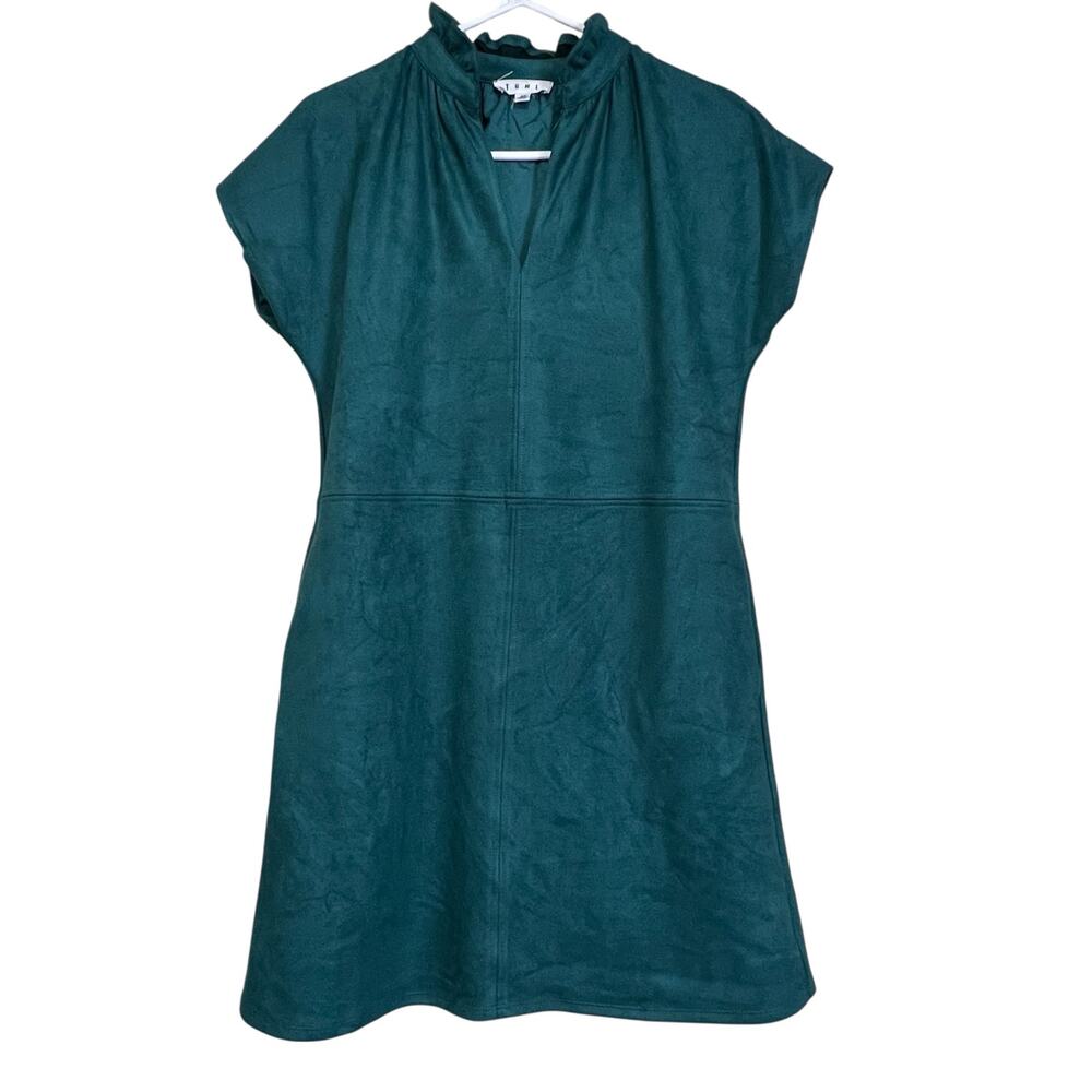THML Teal Faux Suede Dress XS Ruffle Neck Shift Dress Lined